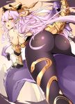  1girl absurdres agetama ass bare_shoulders blush bodysuit breasts elbow_gloves fangs from_behind gloves granblue_fantasy hair_between_eyes headpiece highres lavender_hair long_hair looking_at_viewer looking_back medusa_(shingeki_no_bahamut) open_mouth pointy_ears red_eyes riding shingeki_no_bahamut sideboob slit_pupils snake solo tail very_long_hair 