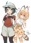  2girls abenattou animal_ears artist_name backpack bag bangs black_eyes black_gloves black_hair blonde_hair bow bowtie brown_shorts claw_pose commentary_request elbow_gloves extra_ears eyebrows_visible_through_hair gloves hat_feather heart helmet high-waist_skirt holding_strap kaban_(kemono_friends) kemono_friends leaning_to_the_side legwear_under_shorts looking_at_another looking_at_viewer multiple_girls open_mouth pantyhose pith_helmet print_gloves print_legwear print_neckwear print_skirt red_shirt serval_(kemono_friends) serval_ears serval_print serval_tail shirt short_hair short_sleeves shorts skirt sleeveless sleeveless_shirt smile standing striped_tail tail thigh-highs translated white_gloves white_shirt white_skirt yellow_eyes yellow_legwear 
