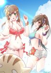  2girls alternate_costume ass bad_id bad_pixiv_id bikini bikini_top blush bracelet breasts brown_eyes brown_hair butt_crack commentary_request flower green_eyes hair_flower hair_ornament hair_ribbon hairclip haruka_(magic-wand) highres jewelry large_breasts long_hair looking_at_viewer multiple_girls open_mouth ponytail reaching_out ribbon saionji_reimi shiny shiny_clothes shiny_hair shiny_skin short_shorts shorts sophia_esteed star_ocean star_ocean_anamnesis star_ocean_the_last_hope star_ocean_till_the_end_of_time sweatdrop swimsuit very_long_hair water 