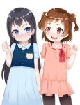  &gt;:) 2girls :d aijou_karen atg_(wttoo0202) bangs black_hair black_legwear blue_dress blue_eyes blue_vest blush brown_hair closed_mouth dress eye_contact eyebrows_visible_through_hair flat_chest hand_up head_tilt highres holding_hands interlocked_fingers kagura_hikari long_hair looking_at_another looking_to_the_side multiple_girls open_mouth pantyhose pink_dress red_eyes red_ribbon ribbon ribbon-trimmed_dress ribbon_trim short_sleeves shoujo_kageki_revue_starlight simple_background smile two_side_up very_long_hair vest white_background younger 