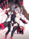  1girl aliceblue artist_name bare_shoulders black_legwear black_leotard breasts bronya_zaychik bronya_zaychik_(black_nucleus) charging clenched_hand drill_hair facial_mark floating gloves gradient gradient_background hair_between_eyes hair_ornament headgear highres honkai_(series) honkai_impact_3rd leotard lightning long_hair machinery outstretched_arm project_bunny red_eyes silver_hair simple_background small_breasts solo symbol-shaped_pupils thigh-highs torn_clothes torn_leotard twin_drills 