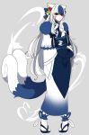  1girl blue_hair japanese_clothes kimono long_hair meowstic multicolored_hair ofuda personification pokemon red_eyes sandals shikkoku_neko solo tail white_hair yellow_sclera 