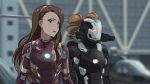  2girls aircraft alternate_costume blurry blurry_background brown_eyes brown_hair captain_america_civil_war cosplay crossover day drill_hair glowing gun hairband helicopter idolmaster iron_man iron_man_(cosplay) long_hair marvel minase_iori multiple_girls open_mouth outdoors parody power_armor shiny shiny_hair standing takatsuki_yayoi taku1122 tied_hair twin_drills twintails upper_body war_machine war_machine_(cosplay) weapon yellow_hairband 