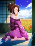  1girl artist_name ass back bare_shoulders barefoot bird blue_sky brown_hair clouds commentary_request day doorway feet flower from_behind fuu genzoman hair_ornament hair_up hairpin japanese_clothes kimono looking_back mountain off_shoulder open_door parted_lips pink_kimono samurai_champloo sitting sky solo sunflower toes wariza 