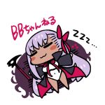  1girl :3 =_= bb_(fate)_(all) bb_(swimsuit_mooncancer)_(fate) black_legwear black_skirt blush_stickers chan_co character_name chibi closed_eyes commentary_request dark_skin eyebrows_visible_through_hair facing_viewer fate/grand_order fate_(series) hair_ribbon long_hair long_sleeves neck_ribbon purple_hair red-framed_eyewear red_ribbon ribbon skirt solo thigh-highs translated very_long_hair zzz 