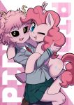  1girl :d ;d absurdres ashido_mina black_sclera blazer blue_eyes boku_no_hero_academia brown_eyes caibao cheek-to-cheek collared_shirt color_connection commentary_request crossover eyebrows_visible_through_hair hand_on_another&#039;s_head highres horns horse hug jacket long_hair long_sleeves looking_at_viewer my_little_pony necktie one_eye_closed open_mouth pink_hair pinkie_pie purple_hair purple_skin school_uniform seiza shirt shoes short_hair sitting skirt smile socks tattoo u.a._school_uniform upper_teeth v wing_collar 