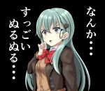  1girl aqua_hair ascot black_background blazer cardigan commentary_request grey_eyes hair_ornament hairclip highres jacket kantai_collection long_hair long_sleeves open_cardigan open_clothes partial_commentary school_uniform simple_background solo suzuya_(kantai_collection) sweat tk8d32 translated upper_body 