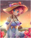  1girl :d artist_name blue_eyes camera commentary cute doki_doki_literature_club dress english_commentary eyebrows_visible_through_hair flower hair_between_eyes hat hat_flower looking_at_viewer moe nature open_mouth outdoors pink_hair sayori_(doki_doki_literature_club) short_hair smile solo straw_hat sun sunset takuyarawr team_salvato tree white_dress wristband 