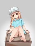 1girl bare_legs barefoot blonde_hair blue_shirt blush commentary_request feet hat hataraku_saibou highres long_hair partial_commentary platelet_(hataraku_saibou) shirt shorts simple_background smile soles solo t-shirt the_hermit toes yellow_eyes 