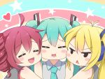  3girls :d :t =_= agung_syaeful_anwar ahoge akita_neru blonde_hair blue_hair blue_neckwear blush chibi closed_eyes collared_shirt commentary english_commentary facing_viewer frown girl_sandwich grey_shirt hatsune_miku heart highres kasane_teto multiple_girls necktie open_mouth outline redhead sandwiched shirt smile star triangle_mouth triple_baka_(vocaloid) utau vocaloid white_outline wing_collar 