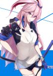  1girl absurdres animal_ears bangs black_panties blue_background breasts fake_animal_ears fox_ears hair_between_eyes hair_ornament hairclip hand_on_hip head_tilt headphones headphones_around_neck highres holding holding_sword holding_weapon honkai_(series) honkai_impact_3rd katana long_hair looking_at_viewer nanakaku open_mouth panties pink_hair see-through sheath sheathed shirt solo sword thigh-highs underwear very_long_hair violet_eyes weapon white_background white_legwear white_shirt yae_sakura yae_sakura_(goushinnso_memento) 