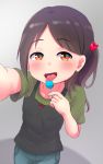  1girl arm_up black_hair brown_eyes candy commentary_request denim food green_shirt hair_bobbles hair_ornament highres jeans licking lollipop long_hair one_side_up open_mouth original pants reaching_out self_shot shirt smile solo tank_top tanukikouji_midori tongue tongue_out upper_body 