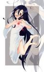  1girl :d azumawari_(azumofu) barefoot blue_hair blush commentary dress full_body hair_between_eyes heart heart_hands jumping long_hair looking_at_viewer off_shoulder open_mouth outline red_eyes smile solo the_ring translated very_long_hair white_dress white_outline wide_sleeves yamamura_sadako zoom_layer 