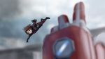  1girl alternate_costume ant-man ant-man_(cosplay) antenna_hair bangs blue_sky blurry blurry_background bodysuit brown_eyes brown_hair captain_america_civil_war closed_mouth clouds cosplay crossover day eyebrows_visible_through_hair flying full_body hand_up hidaka_ai idolmaster marvel outdoors outstretched_arm parody pov shiny shiny_hair short_hair sky solo_focus taku1122 