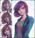  1girl aqua_shirt commentary david_mccartney english_commentary highres lips looking_at_viewer open_clothes open_shirt parted_lips pink_eyes pink_lips purple_hair shirt short_hair solo speedpaint tan_shirt 