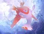  1girl blue_background bubble claws closed_mouth dragon from_below full_body gen_3_pokemon latias looking_at_viewer nagakura_(seven_walkers) no_humans pokemon pokemon_(creature) solo underwater upside-down yellow_eyes 