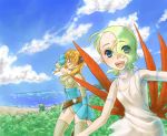  1boy 2girls :d ^_^ blue_eyes bosch_1/64 breasts breath_of_fire breath_of_fire_v closed_eyes closed_mouth clouds commentary_request dress facial_mark full_body_tattoo grass green_hair hair_over_one_eye lin_(breath_of_fire) long_hair looking_at_viewer multiple_girls nina_(breath_of_fire_v) open_mouth outstretched_arms red_wings short_hair sideboob sky smile syari18192 tattoo white_dress wings 