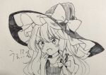  /\/\/\ 1girl blush braid greyscale hand_to_own_mouth hat highres kirisame_marisa long_hair monochrome pen_(medium) side_braid single_braid solo surprised touhou translated v-shaped_eyebrows wavy_hair wavy_mouth witch_hat yururi_nano 