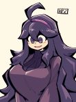  1girl :d ahoge al_bhed_eyes alternate_breast_size bangs breasts chichibu_(chichichibu) dress hair_between_eyes hairband hex_maniac_(pokemon) huge_breasts long_hair npc_trainer open_mouth pokemon pokemon_(game) pokemon_xy purple_dress purple_hair purple_hairband purple_theme smile solo turtleneck upper_body very_long_hair violet_eyes 