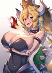  1girl 307_(aho307) :d arms_under_breasts bare_shoulders black_nails blonde_hair blue_eyes bowsette bracelet breasts breathing_fire brooch chromatic_aberration collar collarbone commentary covered_navel crossed_arms crown earrings eyebrows_visible_through_hair eyes_visible_through_hair fangs fire forked_eyebrows gradient gradient_background grey_background hair_between_eyes highres horns huge_breasts jewelry long_hair looking_at_viewer super_mario_bros. nail_polish new_super_mario_bros._u_deluxe open_mouth ponytail revision sharp_teeth simple_background smile solo spiked_armlet spiked_bracelet spiked_collar spiked_shell spikes super_crown teeth thick_eyebrows tongue turtle_shell v-shaped_eyebrows 