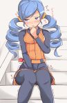  1girl ace_trainer_(pokemon) belt between_legs black_legwear black_shirt black_skirt blue_eyes blue_hair blush breasts breath clenched_hand commentary_request drill_hair embarrassed hair_tie half-closed_eyes hand_between_legs hand_up have_to_pee knees_together_feet_apart long_hair long_sleeves looking_to_the_side muroi_(fujisan0410) nose_blush npc_trainer open_mouth orange_vest pantyhose pleated_skirt poke_ball poke_ball_(generic) pokemon pokemon_(game) pokemon_bw shiny shiny_hair shirt sitting skirt small_breasts solo stairs tied_hair translated trembling twin_drills twintails 
