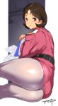  1girl amamiya_(abaros) ass blush breasts brown_eyes brown_hair commentary_request forehead furrowed_eyebrows gundam highres indoors large_breasts looking_at_viewer military military_uniform mirai_yashima mobile_suit_gundam pantyhose short_hair signature solo thick_thighs thighs uniform white_legwear 