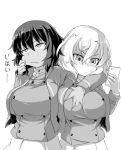  2girls absurdres andou_(girls_und_panzer) angry arm_around_neck bangs bc_freedom_military_uniform breast_grab breasts cellphone cheek_pinching closed_mouth dark_skin dress_shirt eyebrows_visible_through_hair frown girls_und_panzer grabbing greyscale high_collar highres holding holding_cellphone holding_phone jacket large_breasts long_sleeves looking_away medium_hair military military_uniform monochrome multiple_girls oshida_(girls_und_panzer) parted_lips phone pinching pleated_skirt shanaharuhi shirt skirt smartphone standing translated uniform upper_body v-shaped_eyebrows vest yuri 