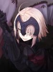  1girl ahoge armor armored_dress arms_up bangs blurry breasts chain fate/grand_order fate_(series) flag gauntlets hair_between_eyes headpiece holding holding_flag jeanne_d&#039;arc_(alter)_(fate) jeanne_d&#039;arc_(fate)_(all) logo looking_at_viewer m-ya mountain parted_lips red_sky short_hair silver_hair sky smile solo upper_body warrior 