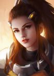  1girl brigitte_(overwatch) brown_eyes brown_hair commentary_request freckles highres lips long_hair looking_at_viewer overwatch parted_lips ponytail portrait qichao_wang sidelocks signature simple_background smile solo upper_body 