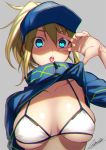  1girl :o amamfoy artoria_pendragon_(all) bikini blonde_hair blue_eyes breasts chromatic_aberration collarbone cropped_jacket fate/grand_order fate_(series) grey_background hair_between_eyes jacket_lift large_breasts lifted_by_self long_hair looking_at_viewer mysterious_heroine_xx_(foreigner) ponytail shrug_(clothing) signature skindentation solo swimsuit upper_body v v-shaped_eyebrows v_over_eye white_bikini zipper 