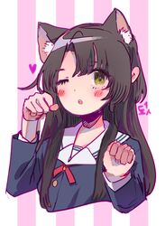  1girl :o animal_ears arms_up bangs black_hair blue_shirt blush buttons cat_ears chestnut_mouth commentary dochanhee english_commentary eyebrows_visible_through_hair hands_up heart highres korean_text long_hair long_sleeves looking_at_viewer neck_ribbon one_eye_closed original paw_pose purple_background red_ribbon ribbon sailor_collar shirt solo striped striped_background translation_request two-tone_background upper_body white_background white_sailor_collar yellow_eyes 