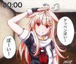  1girl baileys_(tranquillity650) bangs black_ribbon black_serafuku blonde_hair blush breasts commentary_request eyebrows_visible_through_hair gloves gradient_hair grin hair_flaps hair_ornament hair_ribbon hairclip hand_on_own_head head_tilt highres indoors kantai_collection long_hair looking_at_viewer medium_breasts messy_hair multicolored_hair neckerchief parted_lips poi red_eyes red_neckwear remodel_(kantai_collection) ribbon scarf school_uniform serafuku short_sleeves sidelocks signature smile solo translated upper_body white_scarf yuudachi_(kantai_collection) 