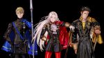  1girl 2boys armor axe blonde_hair blue_eyes brown_hair cape claude_von_regan_(fire_emblem) cravat dark_skin dimitri_alexandre_bladud_(fire_emblem) edelgard_von_hresvelgr_(fire_emblem) fire_emblem fire_emblem:_three_houses gloves green_eyes hair_ornament hair_ribbon highres long_hair looking_at_viewer multiple_boys pantyhose red_cape ribbon saiga_tokihito short_hair simple_background uniform weapon 