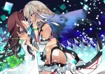  2girls altera_(fate) bangs bare_shoulders black_nails blunt_bangs breasts brown_eyes brown_hair choker closed_mouth commentary_request dark_skin detached_sleeves dress eyebrows_visible_through_hair fate/extella fate/extra fate_(series) fingernails full_body_tattoo hand_on_another&#039;s_back hand_on_another&#039;s_face headdress hip_focus jewelry kishinami_hakuno_(female) long_hair midriff multiple_girls nail_polish navel negi_(ulog&#039;be) open_mouth red_eyes revealing_clothes short_hair showgirl_skirt skirt small_breasts stomach tan tattoo tears twitter_username veil white_dress white_hair white_skirt yuri 
