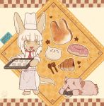  1girl 1other animal_ears baking_sheet blush character_name chef_hat chef_uniform doughnut eyebrows_visible_through_hair food fork hat kawasemi27 looking_at_another made_in_abyss medium_hair mitty_(made_in_abyss) nanachi_(made_in_abyss) parted_lips smile spoon standing tail toque_blanche white_hair white_headwear yellow_eyes 