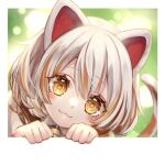  1girl :3 animal_ears bangs bell blurry blurry_background blush brown_hair calico cat_ears cat_tail closed_mouth collared_shirt dot_nose eyebrows_visible_through_hair fingernails goutokuji_mike head_tilt jingle_bell kyouda_suzuka light_particles multicolored_hair orange_hair outside_border patchwork_clothes paw_pose puffy_sleeves shirt short_hair solo streaked_hair tail touhou twitter_username upper_body white_hair wing_collar yellow_eyes 