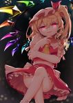  1girl absurdres blonde_hair blurry blurry_background commentary_request convenient_leg cravat crossed_legs crystal dated depth_of_field eyebrows_visible_through_hair fang feet_out_of_frame finger_to_chin flandre_scarlet floating glowing glowing_eyes gunjou_row hair_between_eyes hand_on_own_elbow hat hat_ribbon head_tilt highres midriff mob_cap night open_mouth outdoors petticoat pink_headwear pink_shirt puffy_short_sleeves puffy_sleeves red_eyes red_skirt red_vest revision ribbon shirt short_hair short_sleeves side_ponytail signature sitting skirt skirt_set slit_pupils solo touhou vest wings yellow_neckwear 