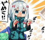  1girl bangs blue_eyes blue_jacket blush bow eromanga_sensei eyebrows_visible_through_hair hair_between_eyes hair_bow hands_up izumi_sagiri jacket kanikama long_hair long_sleeves lowres nose_blush open_mouth pink_bow silver_hair solo stuffed_animal stuffed_octopus stuffed_toy sweat teddy_bear track_jacket translated trash_can used_tissue v-shaped_eyebrows wide_sleeves 