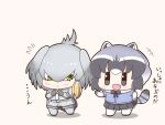  +++ 2girls absurdres animal_ears bangs bird_tail black_gloves black_hair black_skirt blue_sweater bodystocking bow bowtie chibi closed_mouth commentary_request common_raccoon_(kemono_friends) fang fingerless_gloves flying_sweatdrops full_body fur_collar gloves green_eyes grey_eyes grey_hair grey_shirt grey_shorts hair_between_eyes hand_up hands_up highres kemono_friends long_sleeves looking_at_another low_ponytail medium_hair multicolored_hair multiple_girls necktie ngetyan no_nose open_mouth orange_hair raccoon_ears raccoon_tail shirt shoebill_(kemono_friends) short_over_long_sleeves short_sleeves shorts side_ponytail simple_background skirt smile standing striped_tail sweater tail translated white_hair white_neckwear ||_|| 