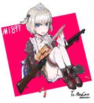  1girl belt blonde_hair blood blood_on_face bloody_clothes blue_eyes character_name combat_knife commentary empty_eyes girls_frontline gloves gun highres knife kongthegrain looking_at_viewer m1897_(girls_frontline) short_hair shotgun shotgun_shells shovel simple_background solo thigh-highs weapon winchester_model_1897 