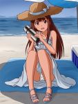  1girl beach beach_umbrella blue_bow blue_sky bow brown_eyes brown_hair commentary_request cooler crotch_seam day dress full_body hat hat_bow holding holding_thermos idolmaster idolmaster_million_live! lielos long_hair looking_at_viewer ocean open_mouth outdoors panties pantyshot pantyshot_(sitting) sandals shade sitting sky sleeveless sleeveless_dress smile solo straw_hat sun_hat sundress tanaka_kotoha thermos towel umbrella underwear white_dress white_panties 
