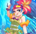  1girl :d air_bubble blue_hair bow breasts bubble fish flower frilled_swimsuit frills goggles goggles_on_head green_eyes hair_flower hair_ornament hand_up heterochromia highres league_of_legends long_hair looking_at_viewer open_mouth pd_(pdpdlv1) pool_party_zoe purple_bow rubber_duck scrunchie small_breasts smile swimsuit underwater upper_body very_long_hair violet_eyes water wristband zoe_(league_of_legends) 