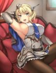  1girl anchor armpits bad_anatomy black_legwear blonde_hair blue_eyes blue_neckwear braid breasts capelet colorado_(kantai_collection) couch cowboy_shot curtains dress elbow_gloves gloves grey_dress headgear highres kantai_collection large_breasts necktie open_mouth pantyhose round_teeth short_hair sideboob sitting smile solo teeth thick_thighs thighs upper_teeth window zhou_yu_(ppaaqz1995) 