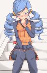  1girl ace_trainer_(pokemon) belt between_legs black_legwear black_shirt black_skirt blue_eyes blue_hair blush breasts clenched_hand commentary_request drill_hair embarrassed hair_tie half-closed_eyes hand_between_legs hand_up have_to_pee knees_together_feet_apart long_hair long_sleeves looking_down muroi_(fujisan0410) nose_blush npc_trainer orange_vest pantyhose pleated_skirt poke_ball poke_ball_(generic) pokemon pokemon_(game) pokemon_bw shiny shiny_hair shirt sitting skirt small_breasts solo stairs tears tied_hair translated trembling twin_drills twintails 