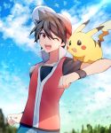  1boy arm_up baseball_cap black_hair black_shirt blue_sky blush_stickers clenched_hands clouds collarbone day gen_1_pokemon hat highres looking_at_another looking_to_the_side male_focus one_eye_closed open_mouth outdoors pikachu pokemon pokemon_(creature) pokemon_on_shoulder pokemon_special red_(pokemon) red_eyes red_headwear red_vest shirt short_hair short_sleeves sky smile standing teeth tree vest wristband yuhi_(hssh_6) 