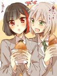  2girls :d :o aoba_moca bang_dream! black_hair blazer blush bob_cut bread collared_shirt food green_eyes green_neckwear grey_hair grey_jacket haneoka_school_uniform holding holding_food jacket long_sleeves mitake_ran multicolored_hair multiple_girls necktie open_mouth red_eyes redhead school_uniform shirt short_hair smile streaked_hair sweatdrop translation_request upper_body white_shirt zawameki 