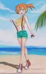  1girl :d aqua_eyes aqua_shorts armad beach blue_sky blurry blurry_background blush boots brown_hair clouds collarbone crop_top day full_body hair_between_eyes hair_ornament highres kasumi_(pokemon) looking_at_viewer midriff navel one_side_up open_mouth palm_tree poke_ball pokemon pokemon_(anime) pokemon_(classic_anime) shadow shiny shiny_skin short_hair shorts sky sleeveless smile solo standing stomach suspender_shorts suspenders tree yellow_tank_top 