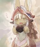  1other eyebrows_visible_through_hair fangs furry highres long_hair looking_at_viewer made_in_abyss mitty_(made_in_abyss) nanachi_(made_in_abyss) open_mouth teeth translated tsukushi_akihito white_hair yellow_eyes 