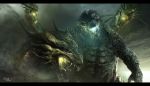  charging_(attack) commentary deviantart_username dragon duel english_commentary fangs glowing glowing_eyes godzilla godzilla_(series) green_theme highres horns inkveil-matter kaijuu king_ghidorah letterboxed monster multiple_heads no_humans open_mouth realistic red_eyes scales sharp_teeth signature smoke teeth 