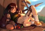  1girl arm_guards armor bag blurry blurry_background breasts brown_eyes brown_gloves brown_hair commentary day english_commentary final_fantasy final_fantasy_vii fingerless_gloves forehead_protector full_body gloves green_sweater hand_on_leg headband holding holding_bag knee_up leg_warmers looking_down lying materia medium_breasts midriff mountain navel ninja on_side open_fly outdoors ribbed_sweater shade shoes short_hair shorts shoulder_armor shuriken single_bare_shoulder single_sleeve sky sleeveless sleeveless_turtleneck smile sneakers solo spread_legs stomach sunlight sweater thighs turtleneck typo_(requiemdusk) unzipped weapon white_legwear white_shorts yellow_footwear yuffie_kisaragi 